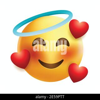 High quality emoticon on white background. Emoji blushing in love with red hearts and halo. A yellow face emoji in love with closed eyes. Stock Vector