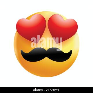 High quality mustache emoticon smiling, love emoji isolated on white background. Yellow face emoji with red heart eyes and mustache vector illustratio. Stock Vector