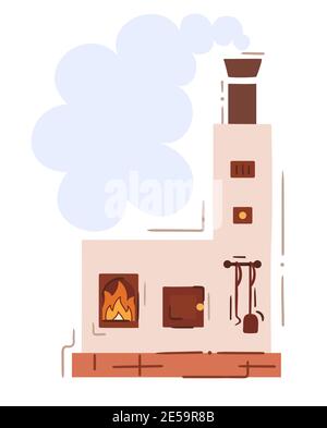 Russian oven with poker, smoke above chimney - simple hand drawn picture. Traditional slavic stove in cartoon style. Simple isolated vector doodle Stock Vector