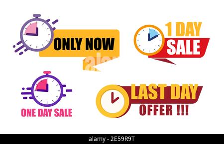 Sale countdown badges. only now, 1 day offer, one day sale last hour offer. business limited special promotions. Bright vector icons set isolated on w Stock Vector