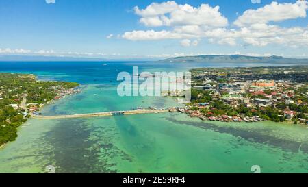 Bridge over the sea between Bohol island and Panglao with traffic and cars.Dauis bridge view from above. Bohol,Philippines. Stock Photo