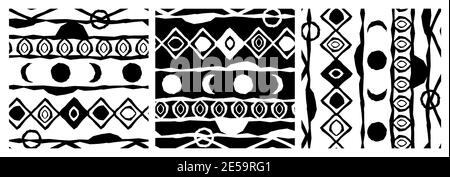 Set of three versions of the same Black and white ethnic monochrome abstract rough geometric pattern. Background contains triangles, circles and moon in different directions and colors Stock Vector