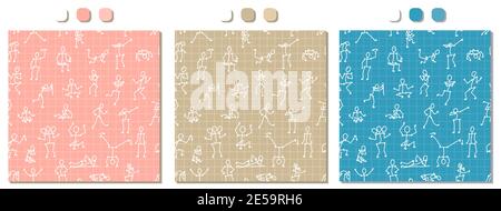 Pink, beige, blue, white vector seamless pattern with hand drawn people bodies in different poses on mathematical squared background for paper or textile. Set of three variants of the same drawing Stock Vector