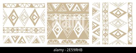 Beige and white ethnic monochrome abstract geometric pattern of triangles is shown in three versions in different directions Stock Vector