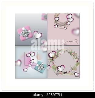 Love card, Valentines collage in pastel pink colour. Pink paper hearts, gift box, floral wreath. Elegant love card. 3D rendering Stock Photo