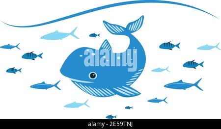 Blue whale with a fish. Vector cartoon whale for design. Stock Vector