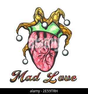 Tattoo of Human Heart with Jester Cap and Wording Mad Love Tattoo drawn in engraving style. Vector illustration. Stock Vector