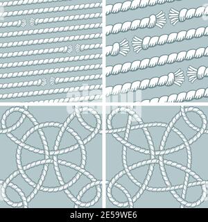 Four different versions of seamless pattern vectors made with nautical strings. Stock Vector