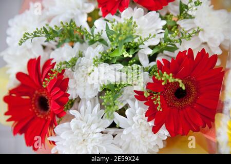 Red gerbera and white chrysanthemums. Bouquet of flowers Stock Photo