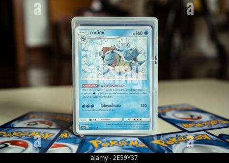 Bangkok, Thailand - January 27, 2021 : A Blastoise Pokemon trading card in a plastic box. Stock Photo