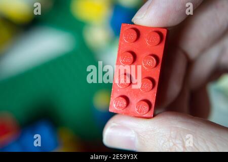 Bangkok, Thailand - January 27, 2021 : Lego bricks in a hand. Stock Photo