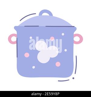 Cartoon baby food saucepan with lid and two knobses. Lidded cooking pan - vector isolated illustration in hand drawn style. Kitchen enamelled pan, sim Stock Vector