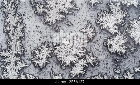 natural panoramic background - frozen window glass close up on cold winter day Stock Photo