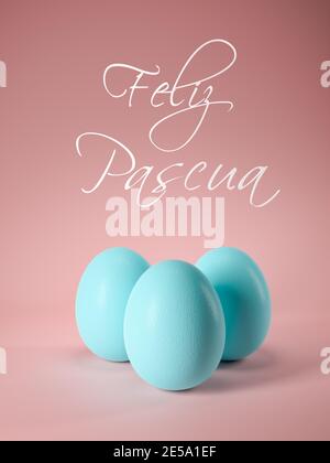 Three easter Eggs in a turquoise pastel color on a rose colored background. The Spanish text 'Feliz Pascua' (Happy Easter) on top. Stock Photo