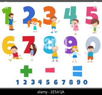 Cartoon illustration of educational numbers set from one to nine with happy children characters Stock Vector