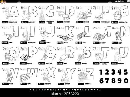 Black and white cartoon illustration of capital letters alphabet set with funny characters and objects for reading and writing education for kids Stock Vector