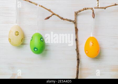 Tree of eggs in Easter time. Easter decoration with gentle colored eggs on branches. Easter time concept. Stock Photo