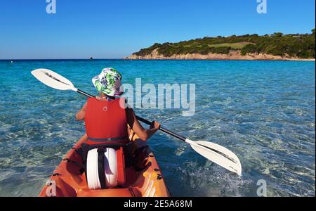 sea kayak at the beach of Grand Sperone, France, Corsica, Bonifacio Stock Photo