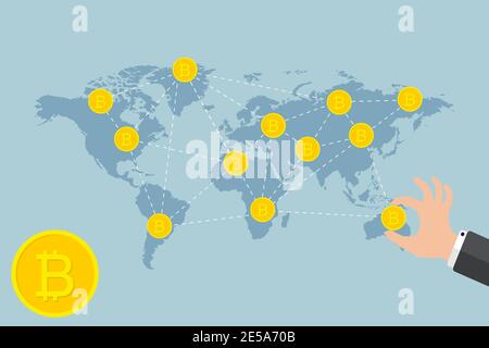 Bitcoin business concept Businessman hand holding Bitcoin marketing system Stock Vector
