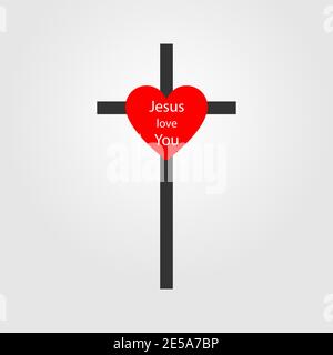 Christian cross with heart icon. Black religion icon. Church symbol ...
