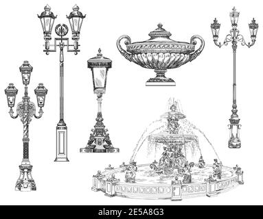Hand drawn sketch set of decorative architectural elements lanterns, vase, fountain. Vector illustration for decorating, postcard, posters, design, ca Stock Vector
