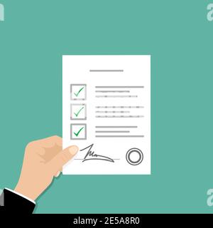 Hand holding contract. Document icon, Vector illustration Stock Vector