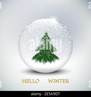 Christmas snow globe with christmas tree on winter background. Snowflakes are falling. Vector illustration. Eps10 Stock Vector