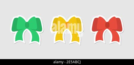 Flat stickers festive bows. Bows red, green and yellow color on gray background Stock Vector