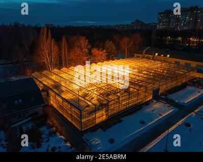 Glowing modern glass greenhouse in winter night, aerial view. Stock Photo