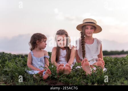 Three sisters in white sundresses are sitting on green meadow. Girls play in blooming field of purple sage. Show their feet heels Happy family love. O Stock Photo