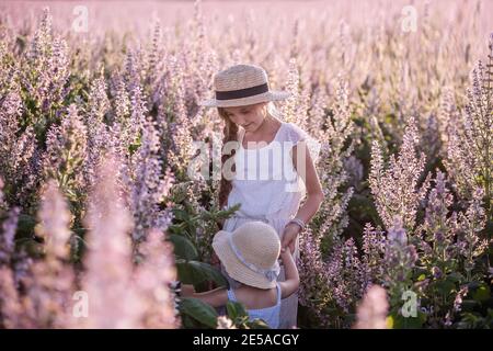 Two little girls in white sundresses are walking in the green field of blooming purple sage. Walk of sisters in dresses. Country life Eco vacation tra Stock Photo