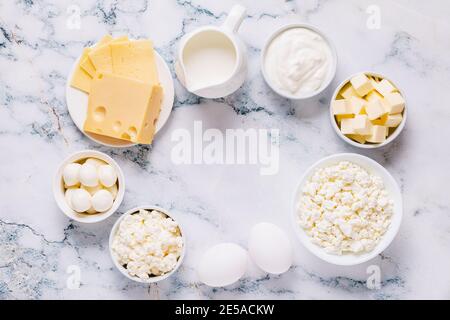 Different types of dairy products. Top view. Stock Photo