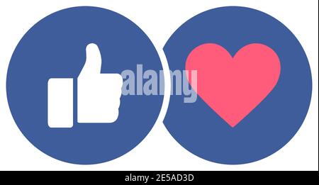 Stylish social media icons - Like and heart. Thumb up and red heart in blue cyrcles. Vector illustration Stock Vector
