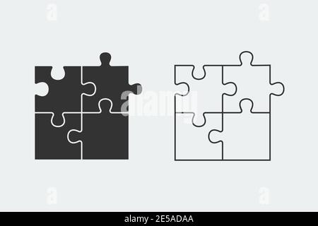 Puzzle - Vector icon. Set of four black piece puzzle and line piece puzzle on white background Stock Vector