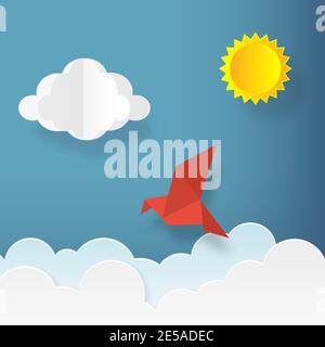 Illustration in paper art style. Bird with clouds and sun on blue sky. Summer background. Vector illustration Stock Vector