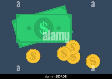 Money icons. Dollar stack paper banknotes and gold coins icon. Business finance concept Stock Vector