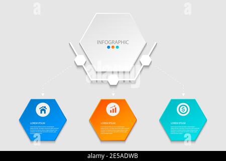 Colorful vector infographic for your business. 3 Options. Geometric shape with shadow and arrow on gray background Stock Vector