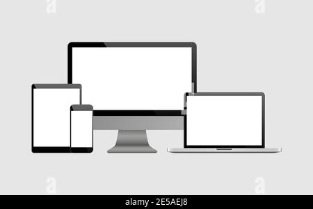 Set of realistic Computer, Laptop, Tablet and mobile phone. Modern flat screen computer monitor Stock Vector
