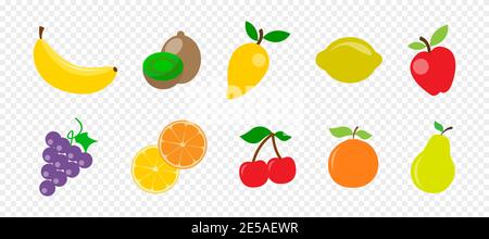 Fresh juicy fruit and berries in flat style on transparent background Stock Vector