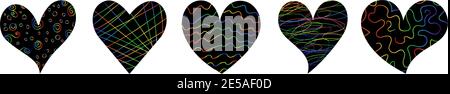 A set of black hearts with a pattern of rainbow lines Stock Vector