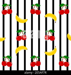 Cherries and bananas on a black stripes background, seamless pattern. Fruits background Stock Vector