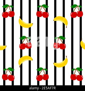 Cherries and bananas on a black stripes background, seamless pattern. Fruits background Stock Vector