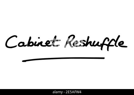 Cabinet Reshuffle, handwritten on a white background. Stock Photo