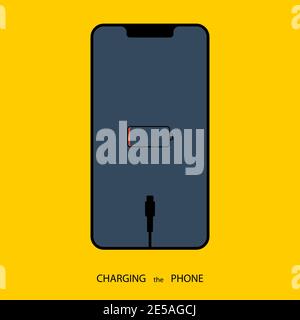 Charging the phone. Phone with battery on yellow background Stock Vector