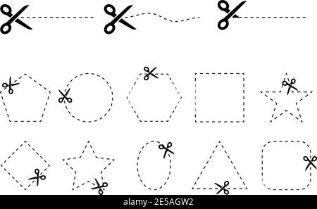 Set of scissors vectors with cut out coupons of different geometric shapes Stock Vector