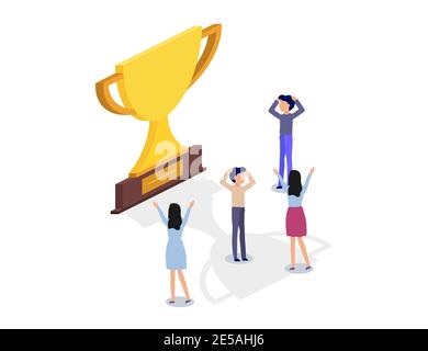 Champion cup with people in isometric design. Winner cup. Vector illustration. Eps10 Stock Vector