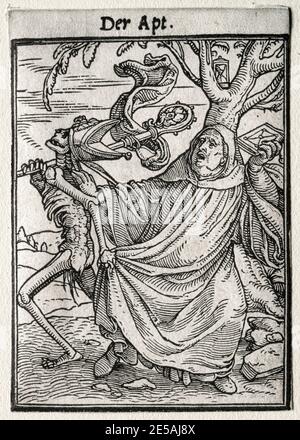 Hans Holbein the Younger, Dance of Death: The Abbot, woodcut print, circa 1526 Stock Photo