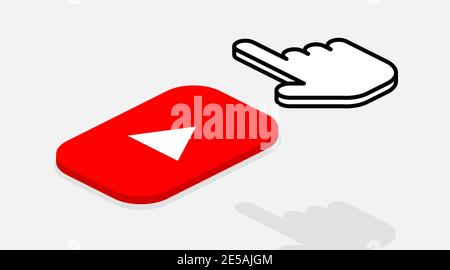 Isometric composition with button Play and hand. Red button for video player. Flat design. Eps10 Stock Vector