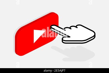 Isometric composition with button Play and hand. Red button for video player. Flat design. Eps10 Stock Vector