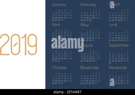 Calendar 2019 year. Planner design. Calendar 2019 template. Template calendar. Eps10 Stock Vector